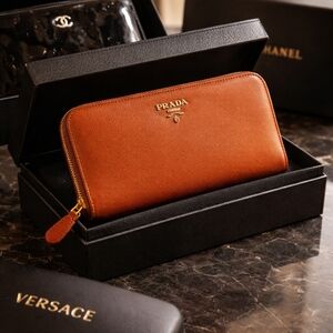 Prada Staffiano Oranges Leather Zip Around Wallet